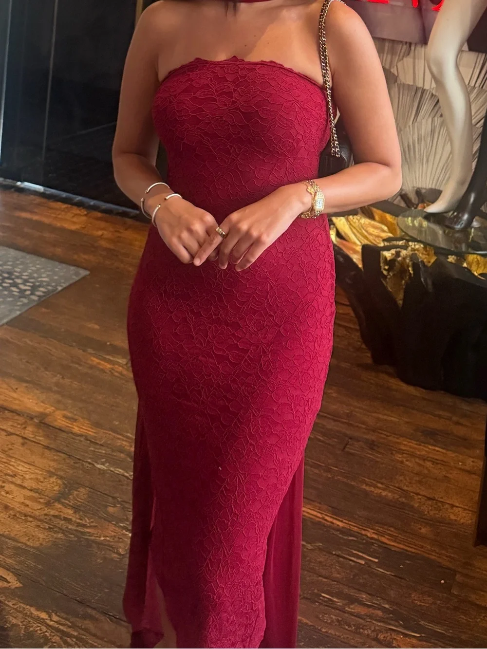 Strapless Lace Midi Dress in Deep Berry